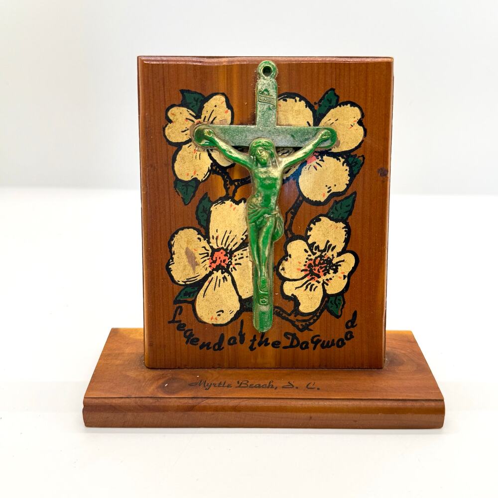 VTG Legend of the Dogwood Jesus Myrtle Beach SC Wood Crucifix Story‎ Back Plaque